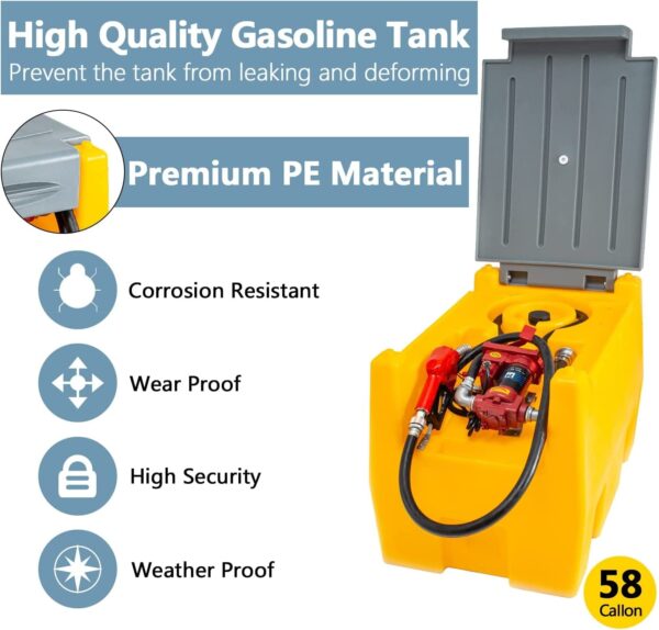58 Gallon Gasoline Tank, Portable Fuel Tank with 12V Electric Fuel Transfer Pump, 40 GPM Gasoline Fuel Tank with 4 Meters Hose for Gasoline Transportation (Yellow, 58 gal) - Image 2