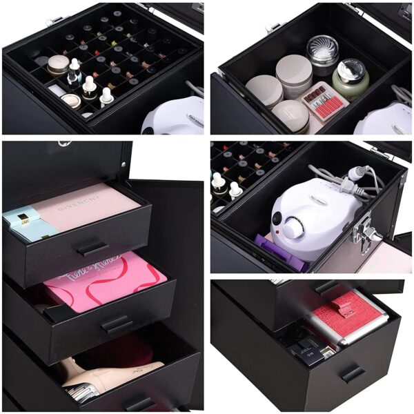 Nail Desk Mobile Station Rolling Makeup Train Case Trolley Cosmetic Manicure Table Mirror 4 Drawers Pink - Image 17
