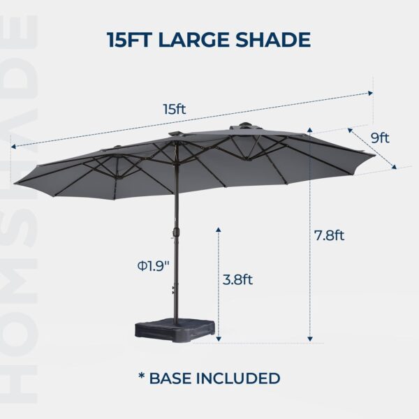 Double Sided Patio Umbrellas - 15ft Solar Lights LED Lighted Outdoor Extra Large Market Table Umbrella with Base Included, Oversized Umbrella for Deck, Pool, Backyard (Beige) - Image 80