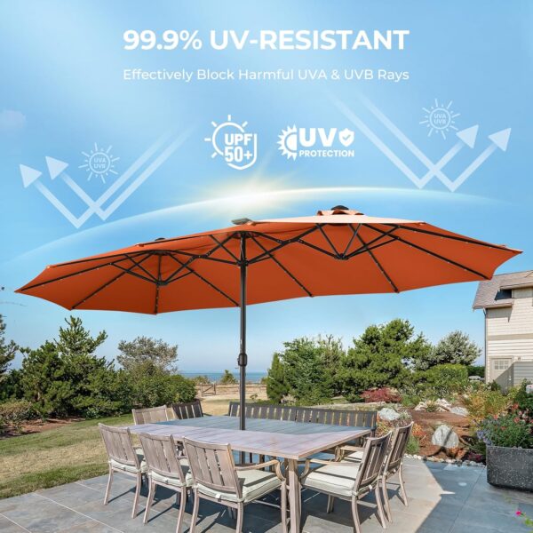 Double Sided Patio Umbrellas - 15ft Solar Lights LED Lighted Outdoor Extra Large Market Table Umbrella with Base Included, Oversized Umbrella for Deck, Pool, Backyard (Beige) - Image 104