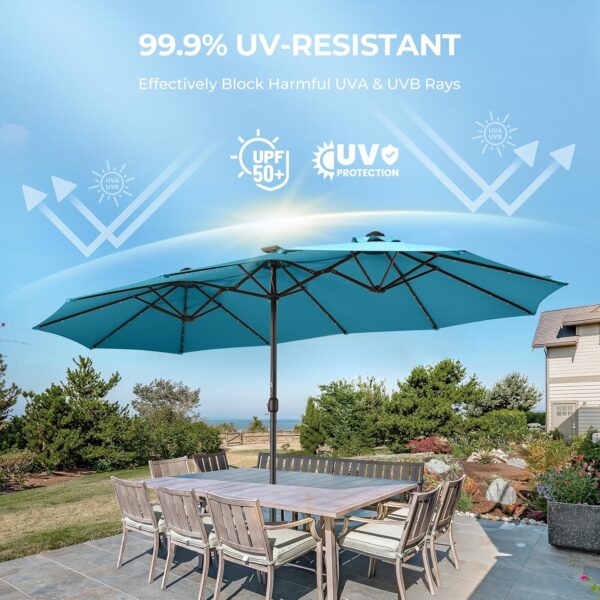 Double Sided Patio Umbrellas - 15ft Solar Lights LED Lighted Outdoor Extra Large Market Table Umbrella with Base Included, Oversized Umbrella for Deck, Pool, Backyard (Beige) - Image 26