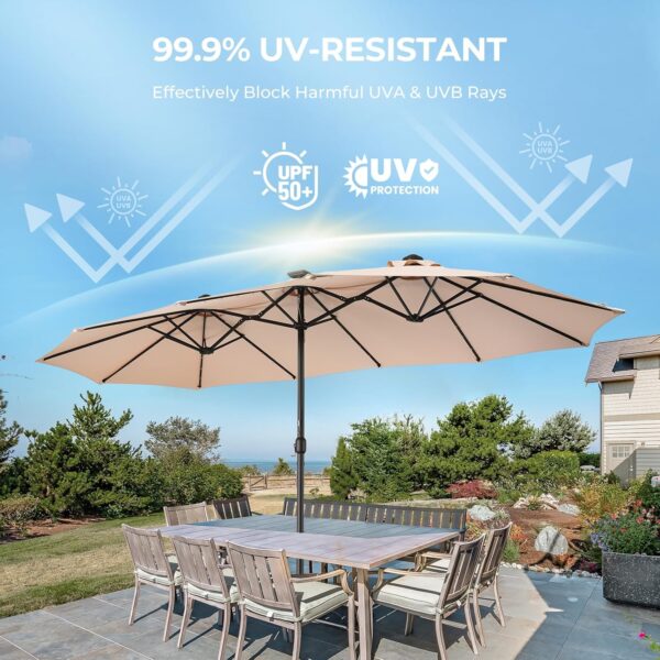 Double Sided Patio Umbrellas - 15ft Solar Lights LED Lighted Outdoor Extra Large Market Table Umbrella with Base Included, Oversized Umbrella for Deck, Pool, Backyard (Beige) - Image 53