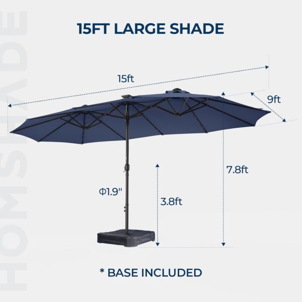 Double Sided Patio Umbrellas - 15ft Solar Lights LED Lighted Outdoor Extra Large Market Table Umbrella with Base Included, Oversized Umbrella for Deck, Pool, Backyard (Beige) - Image 100