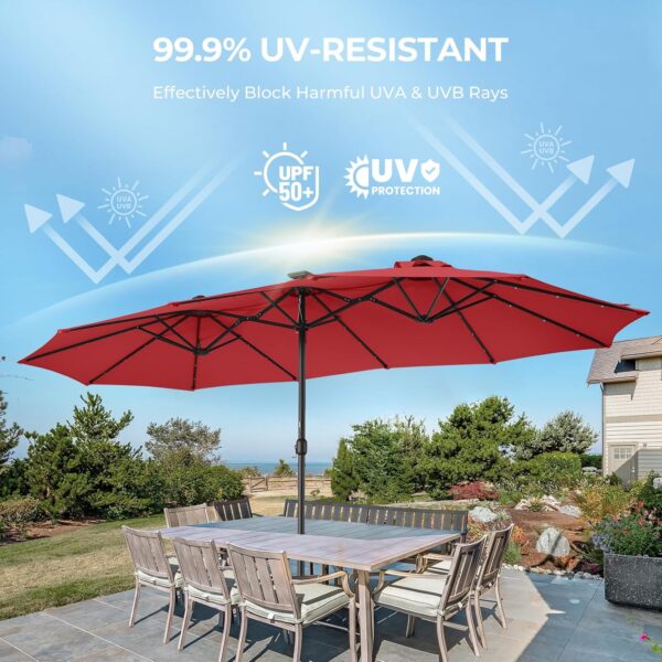 Double Sided Patio Umbrellas - 15ft Solar Lights LED Lighted Outdoor Extra Large Market Table Umbrella with Base Included, Oversized Umbrella for Deck, Pool, Backyard (Beige) - Image 46