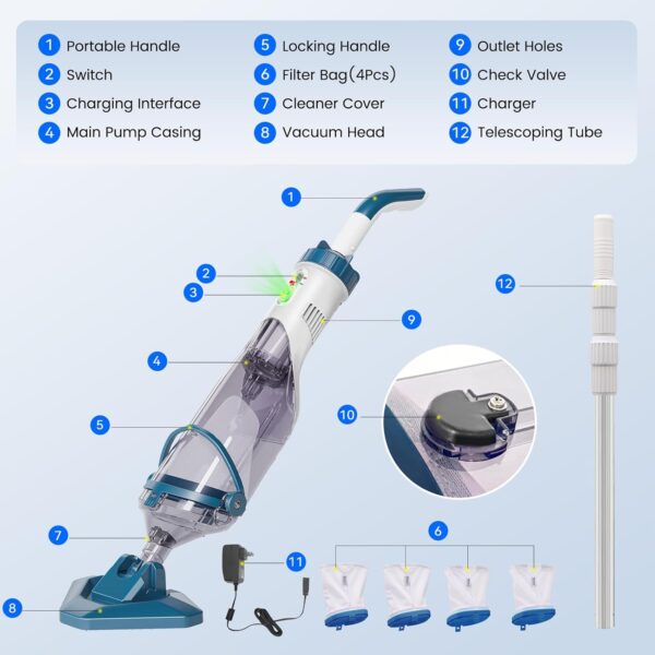 Pool Vacuum for Above Ground Pool with a Telescopic Pole, Running time up to 1H, T403 Handheld Rechargeable Pool Cleaner with Powerful Suction up to 18.5 gallons/min, Ideal for Leaves, Debris - Image 12