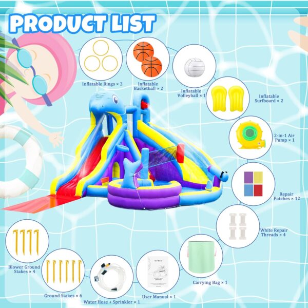 11-in-1 Inflatable Water Slide & Dolphin Bounce House w/2 Long Slides, 19.7 Ft x 13.1 Ft Extra Large Waterslide Climbing Wall w/Small Deeper Pool,Water Cannons,Hoop for Kids Backyard,550W Blower - Image 4