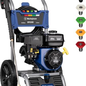 Gas Pressure Washer, 3400 PSI and 2.6 Max GPM, Onboard Soap Tank, Spray Gun and Wand, 5 Nozzle Set, for Cars/Fences/Driveways/Homes/Patios/Furniture