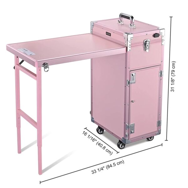 Nail Desk Mobile Station Rolling Makeup Train Case Trolley Cosmetic Manicure Table Mirror 4 Drawers Pink - Image 7