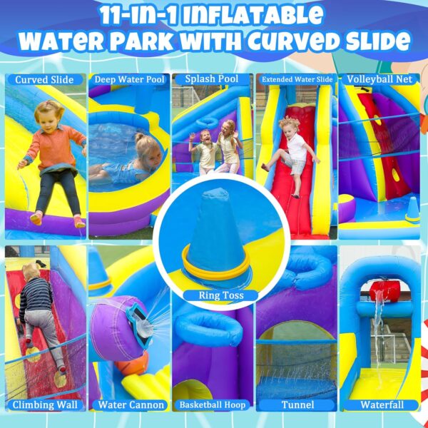 11-in-1 Inflatable Water Slide & Dolphin Bounce House w/2 Long Slides, 19.7 Ft x 13.1 Ft Extra Large Waterslide Climbing Wall w/Small Deeper Pool,Water Cannons,Hoop for Kids Backyard,550W Blower - Image 3