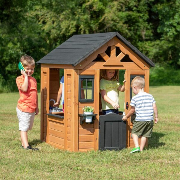 Wooden Kids Playhouse Cottage with Play Kitchen, Snack Bar, Half Door, Toy Phone, Windows, Flowerpot Holders, and Working Doorbell for Outdoor Imaginative Play - Image 2
