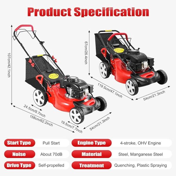 Self Propelled Gas Lawn Mower, 20-Inch 140cc OHV Engine 3-in-1 Gas Mower,Adjustable Cutting Height for Sports Fields, Community Greening, Municipal Greening - Image 2