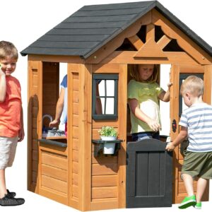 Wooden Kids Playhouse Cottage with Play Kitchen, Snack Bar, Half Door, Toy Phone, Windows, Flowerpot Holders, and Working Doorbell for Outdoor Imaginative Play