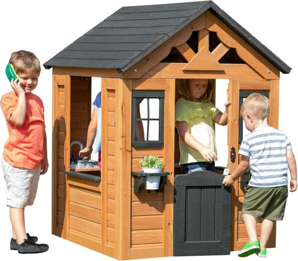 Wooden Kids Playhouse Cottage with Play Kitchen, Snack Bar, Half Door, Toy Phone, Windows, Flowerpot Holders, and Working Doorbell for Outdoor Imaginative Play