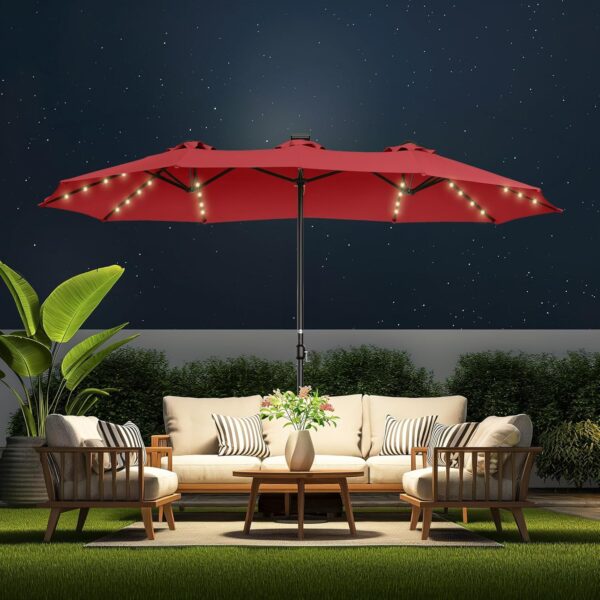 Double Sided Patio Umbrellas - 15ft Solar Lights LED Lighted Outdoor Extra Large Market Table Umbrella with Base Included, Oversized Umbrella for Deck, Pool, Backyard (Beige) - Image 119