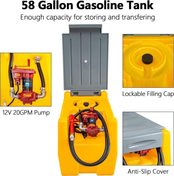 58 Gallon Gasoline Tank, Portable Fuel Tank with 12V Electric Fuel Transfer Pump, 40 GPM Gasoline Fuel Tank with 4 Meters Hose for Gasoline Transportation (Yellow, 58 gal) - Image 4