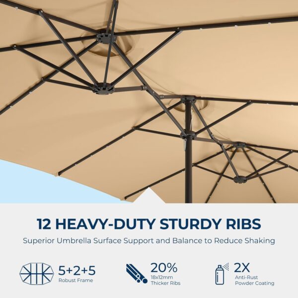 Double Sided Patio Umbrellas - 15ft Solar Lights LED Lighted Outdoor Extra Large Market Table Umbrella with Base Included, Oversized Umbrella for Deck, Pool, Backyard (Beige) - Image 86