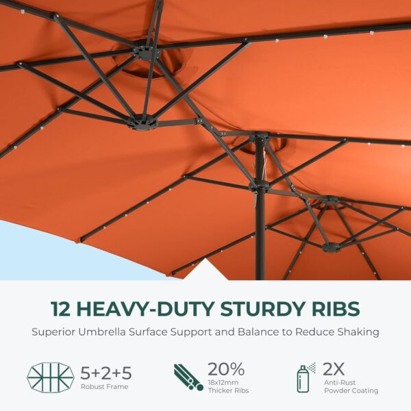 Double Sided Patio Umbrellas - 15ft Solar Lights LED Lighted Outdoor Extra Large Market Table Umbrella with Base Included, Oversized Umbrella for Deck, Pool, Backyard (Beige) - Image 108