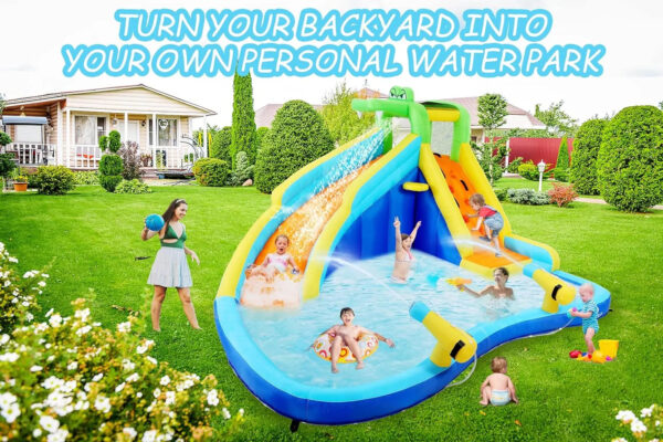Inflatable Water Slides for Kids 8-in-1 Bounce House Water Park with 450W Blower Climbing Wall, Splash Pool, 2 Water Cannons, Basketball Hoop, Water Slide, Crocodile Sprinkler for Gift Backyard Party - Image 12