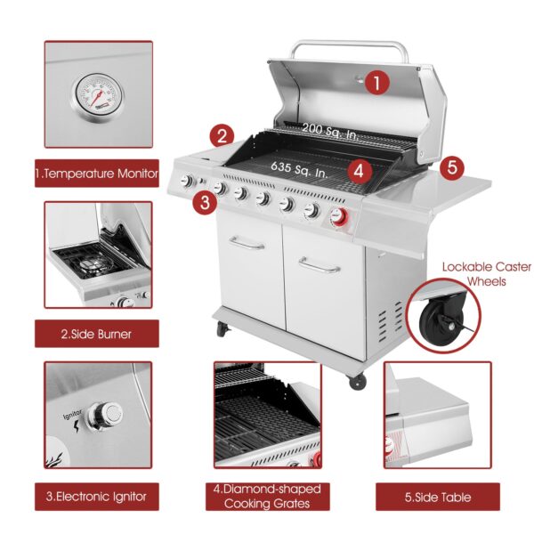 Gourmet GA6402S Stainless Steel Gas Grill, Premier 6-Burner Propane Grill with Sear Burner and Side Burner, 74,000 BTU, Cabinet Style, Outdoor BBQ Party Grill, Silver - Image 8