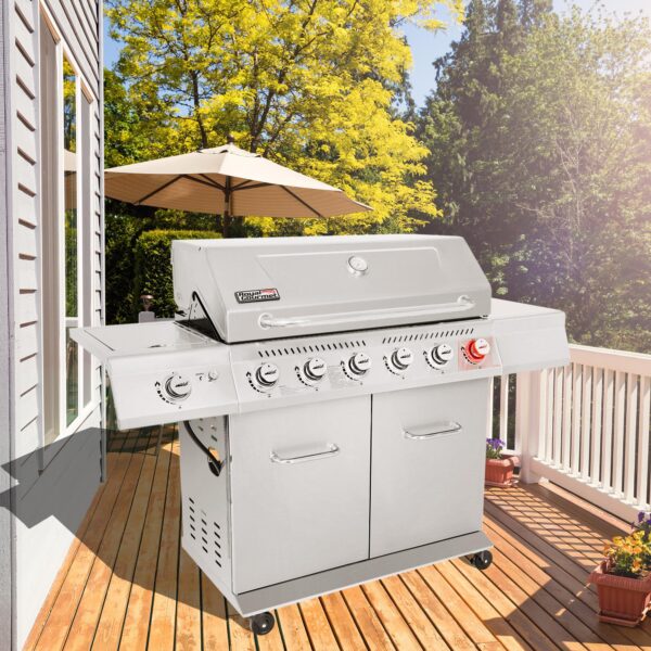 Gourmet GA6402S Stainless Steel Gas Grill, Premier 6-Burner Propane Grill with Sear Burner and Side Burner, 74,000 BTU, Cabinet Style, Outdoor BBQ Party Grill, Silver - Image 5