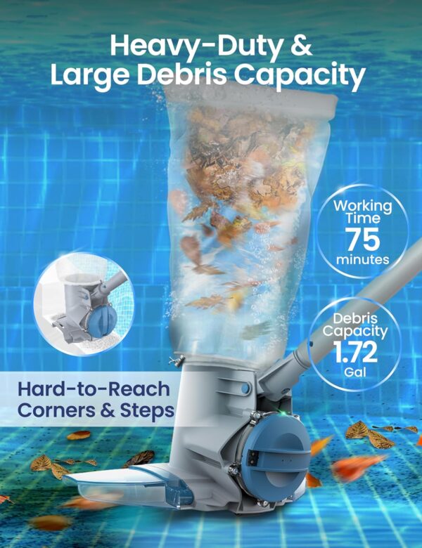 KOKIDO Rechargeable Cordless Pool Leaf Vacuum, 30GPM Strong Suction, 75 min Runtime, XL Heavy Duty Filter Bag, Leaves and Debris Removal, for Above Ground Pool and Inground Pools XV410 - Image 5