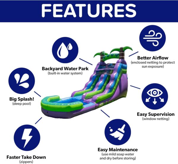 16’ Purple Tropical Lightweight Premium Commercial Grade Water Slide Inflatable with Attached Pool for Kids and Adults (with Blower), Wet Dry Use, Summer Fun - Image 7
