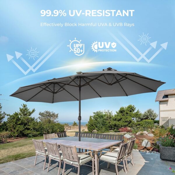 Double Sided Patio Umbrellas - 15ft Solar Lights LED Lighted Outdoor Extra Large Market Table Umbrella with Base Included, Oversized Umbrella for Deck, Pool, Backyard (Beige) - Image 12