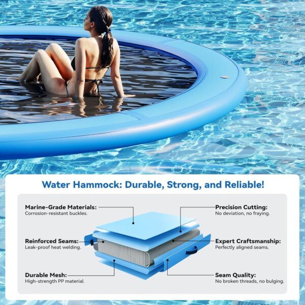 Round Inflatable Floating Dock, Sunchill Float Ring, Hammock Tanning Pool with 4in Woven Fabric, Manual Pump for 1-2 Min Quick Inflate/Deflate, Fits 2-8, Ideal for Lakes, Pools, Oceans - Image 29
