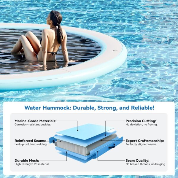 Round Inflatable Floating Dock, Sunchill Float Ring, Hammock Tanning Pool with 4in Woven Fabric, Manual Pump for 1-2 Min Quick Inflate/Deflate, Fits 2-8, Ideal for Lakes, Pools, Oceans - Image 5
