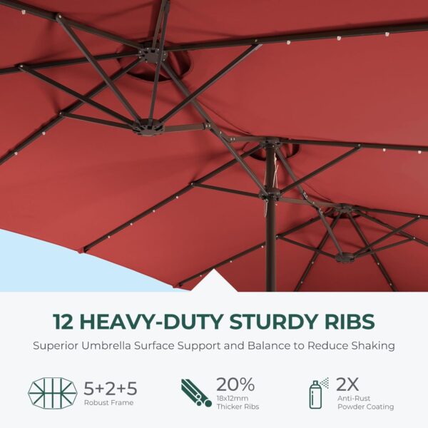 Double Sided Patio Umbrellas - 15ft Solar Lights LED Lighted Outdoor Extra Large Market Table Umbrella with Base Included, Oversized Umbrella for Deck, Pool, Backyard (Beige) - Image 40
