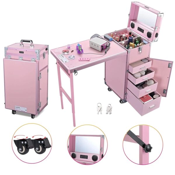 Nail Desk Mobile Station Rolling Makeup Train Case Trolley Cosmetic Manicure Table Mirror 4 Drawers Pink - Image 3