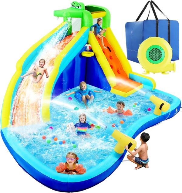 Inflatable Water Slides for Kids 8-in-1 Bounce House Water Park with 450W Blower Climbing Wall, Splash Pool, 2 Water Cannons, Basketball Hoop, Water Slide, Crocodile Sprinkler for Gift Backyard Party - Image 2
