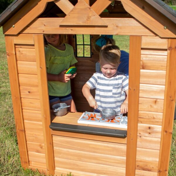 Wooden Kids Playhouse Cottage with Play Kitchen, Snack Bar, Half Door, Toy Phone, Windows, Flowerpot Holders, and Working Doorbell for Outdoor Imaginative Play - Image 3