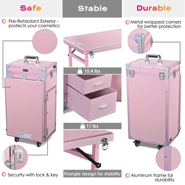 Nail Desk Mobile Station Rolling Makeup Train Case Trolley Cosmetic Manicure Table Mirror 4 Drawers Pink - Image 6