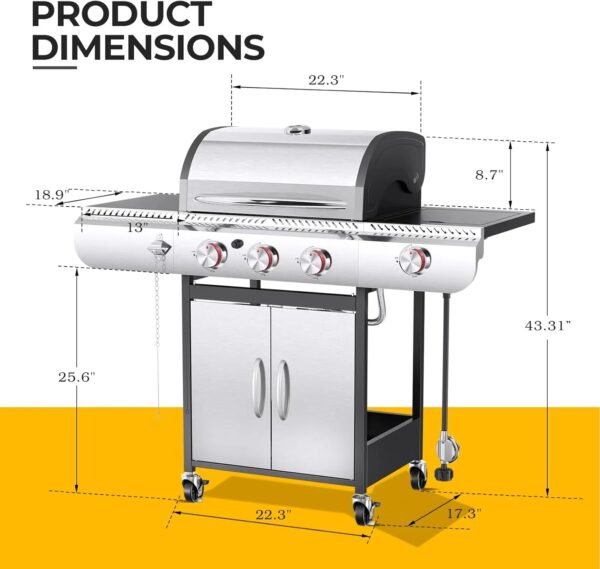 3 & 4-Burner Propane Gas Grills with Side Burners, for Outdoor Cooking, BBQ, Patio, Camping - Image 8