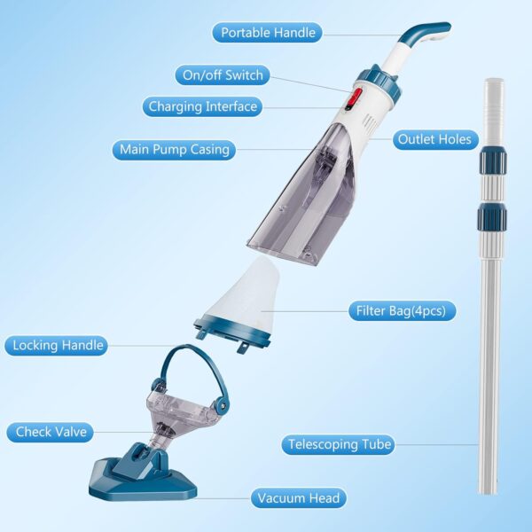 Pool Vacuum for Above Ground Pool with a Telescopic Pole, Running time up to 1H, T403 Handheld Rechargeable Pool Cleaner with Powerful Suction up to 18.5 gallons/min, Ideal for Leaves, Debris - Image 2