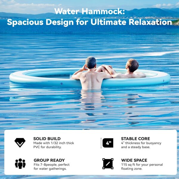 Round Inflatable Floating Dock, Sunchill Float Ring, Hammock Tanning Pool with 4in Woven Fabric, Manual Pump for 1-2 Min Quick Inflate/Deflate, Fits 2-8, Ideal for Lakes, Pools, Oceans - Image 7