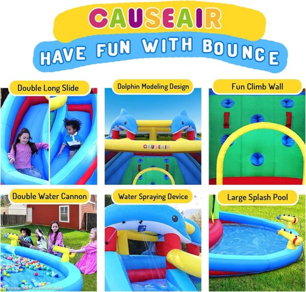 Inflatable Bounce House with Double Slide,Dolphin Styling,Splashing Pool,Double Water Cannon,Climbing Wall,Heavy Duty GFCI Blower,Inflatable Water Park Slide for Kids Backyard Summer - Image 4