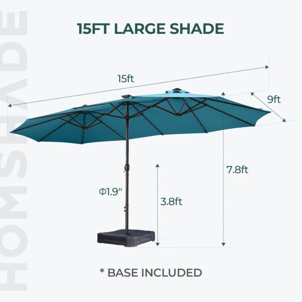 Double Sided Patio Umbrellas - 15ft Solar Lights LED Lighted Outdoor Extra Large Market Table Umbrella with Base Included, Oversized Umbrella for Deck, Pool, Backyard (Beige) - Image 8
