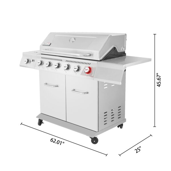 Gourmet GA6402S Stainless Steel Gas Grill, Premier 6-Burner Propane Grill with Sear Burner and Side Burner, 74,000 BTU, Cabinet Style, Outdoor BBQ Party Grill, Silver - Image 6