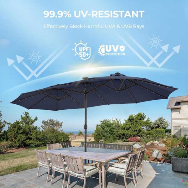 Double Sided Patio Umbrellas - 15ft Solar Lights LED Lighted Outdoor Extra Large Market Table Umbrella with Base Included, Oversized Umbrella for Deck, Pool, Backyard (Beige) - Image 68