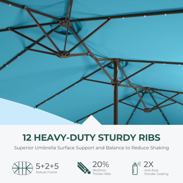 Double Sided Patio Umbrellas - 15ft Solar Lights LED Lighted Outdoor Extra Large Market Table Umbrella with Base Included, Oversized Umbrella for Deck, Pool, Backyard (Beige) - Image 2