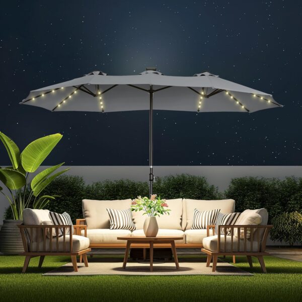 Double Sided Patio Umbrellas - 15ft Solar Lights LED Lighted Outdoor Extra Large Market Table Umbrella with Base Included, Oversized Umbrella for Deck, Pool, Backyard (Beige) - Image 11