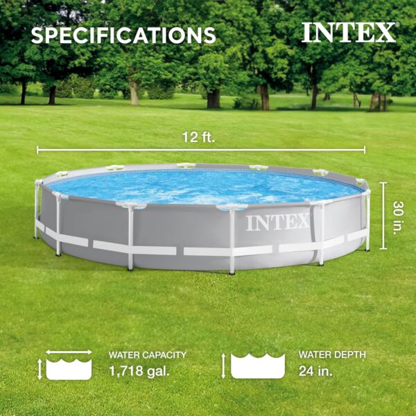 Above Ground Swimming Pool, 12' x 30", Prism Frame, Gray - Large Backyard Outdoor Round Summer Pool for Family, Easy Set Up, 24-Inch Deep Water - Image 4