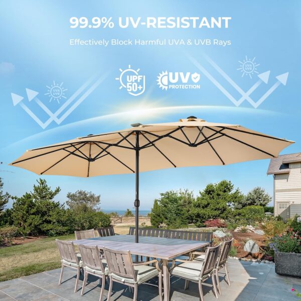 Double Sided Patio Umbrellas - 15ft Solar Lights LED Lighted Outdoor Extra Large Market Table Umbrella with Base Included, Oversized Umbrella for Deck, Pool, Backyard (Beige) - Image 84