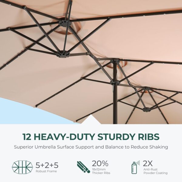 Double Sided Patio Umbrellas - 15ft Solar Lights LED Lighted Outdoor Extra Large Market Table Umbrella with Base Included, Oversized Umbrella for Deck, Pool, Backyard (Beige) - Image 55
