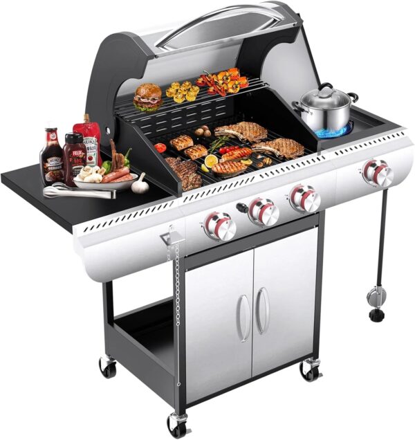 3 & 4-Burner Propane Gas Grills with Side Burners, for Outdoor Cooking, BBQ, Patio, Camping