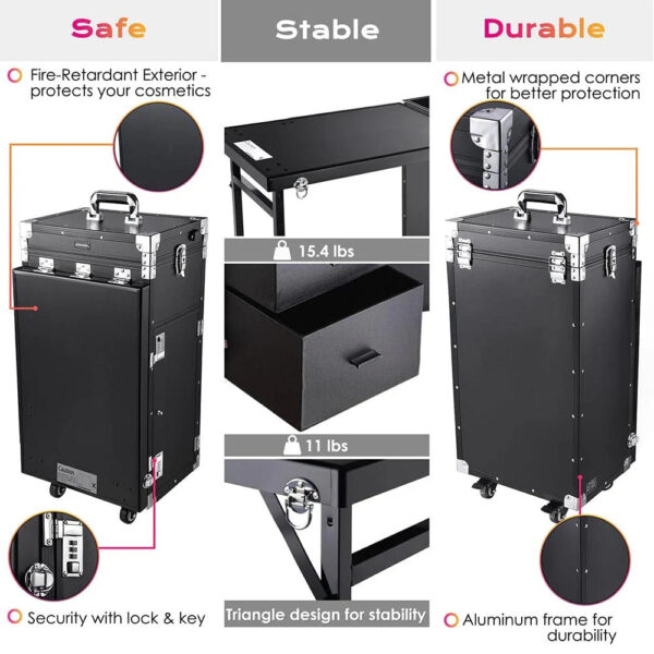 Nail Desk Mobile Station Rolling Makeup Train Case Trolley Cosmetic Manicure Table Mirror 4 Drawers Pink - Image 18