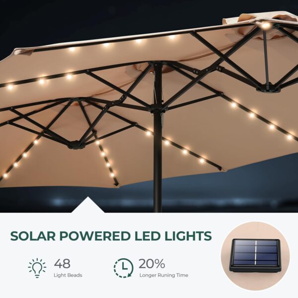Double Sided Patio Umbrellas - 15ft Solar Lights LED Lighted Outdoor Extra Large Market Table Umbrella with Base Included, Oversized Umbrella for Deck, Pool, Backyard (Beige) - Image 54