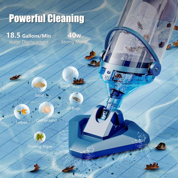 Pool Vacuum for Above Ground Pool with a Telescopic Pole, Running time up to 1H, T403 Handheld Rechargeable Pool Cleaner with Powerful Suction up to 18.5 gallons/min, Ideal for Leaves, Debris - Image 14